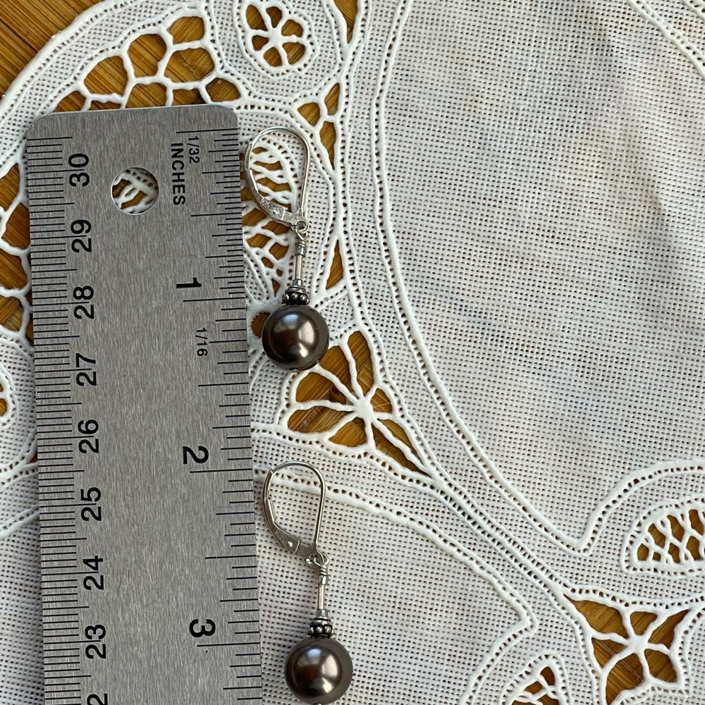 Brown 925 chocolate brown pearl leverback earrings vintage - Picture 3 of 4